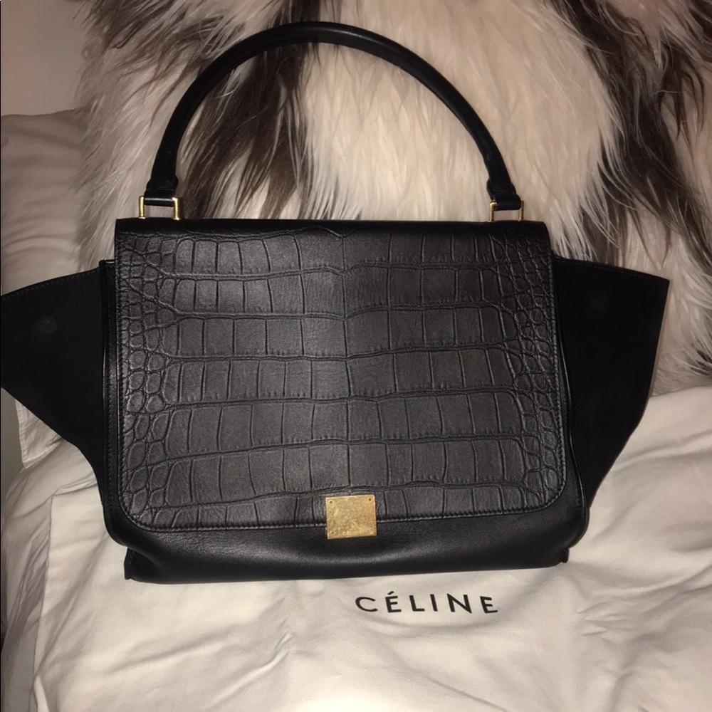 CELINE Black Crocodile Embossed Leather Calfskin Trapeze
